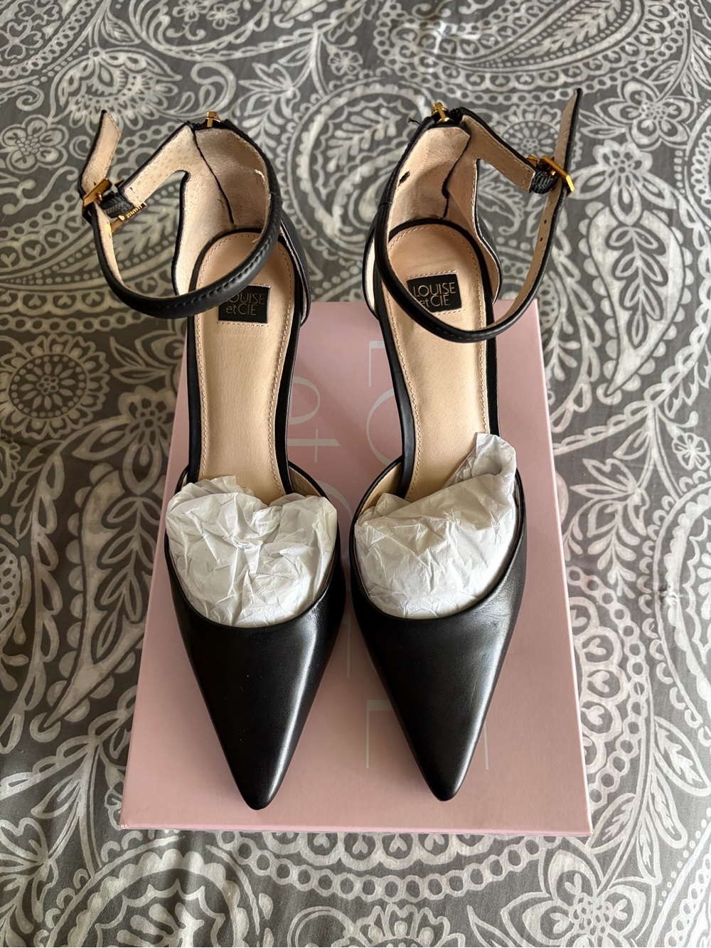 Louise et Cie Black Pointed Ankle-Strap Pumps with Gold Buckles